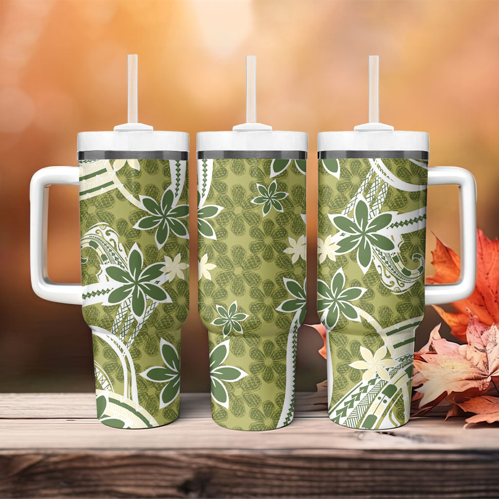 Hawaii Pupuala Plumeria Olive Green Tumbler With Handle Polynesian Pattern LT01 - Polynesian Pride