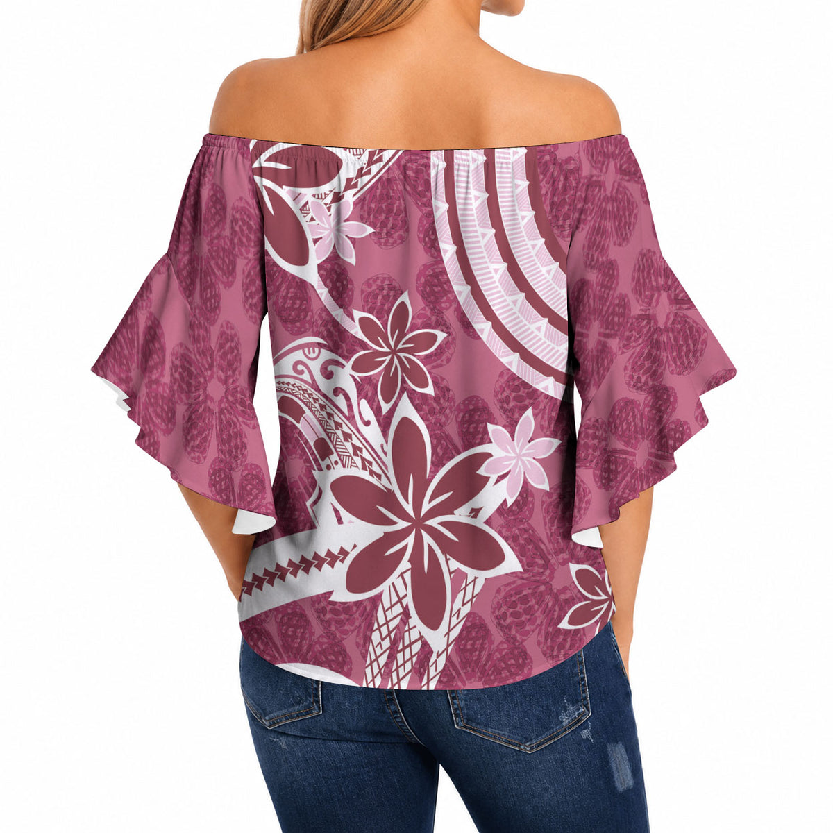 Hawaii Pupuala Plumeria Pink Off Shoulder Wrap Waist Top Polynesian Pattern LT01 - Polynesian Pride