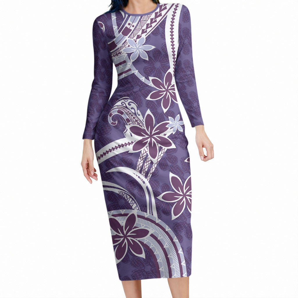 Hawaii Pupuala Plumeria Purple Long Sleeve Bodycon Dress Polynesian Pattern LT01 Long Dress Purple - Polynesian Pride