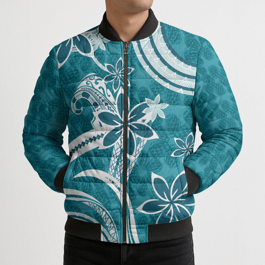 Hawaii Pupuala Plumeria Teal Bomber Puffer Jacket Polynesian Pattern LT01 - Polynesian Pride