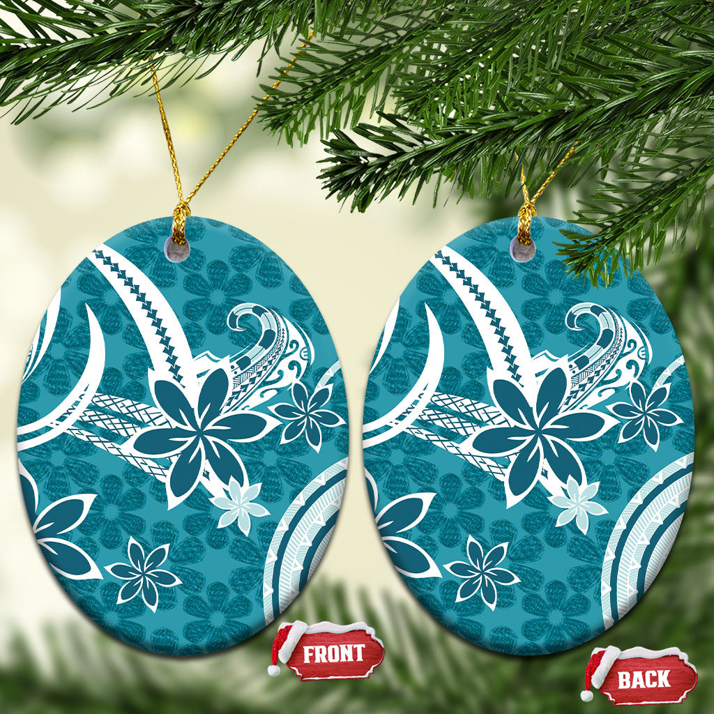 Hawaii Pupuala Plumeria Teal Ceramic Ornament Polynesian Pattern LT01 Oval Teal - Polynesian Pride