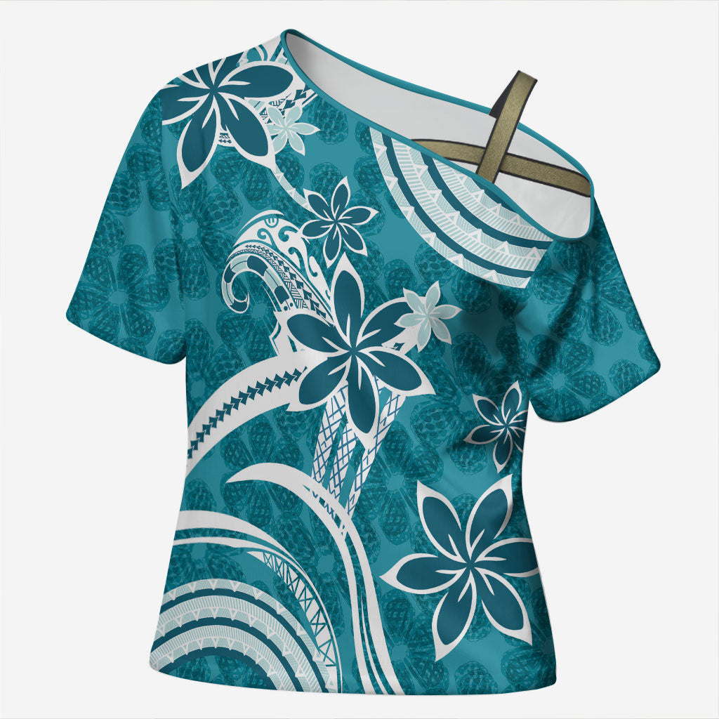 Hawaii Pupuala Plumeria Teal Cross Shoulder Shirt Polynesian Pattern LT01 Female Teal - Polynesian Pride