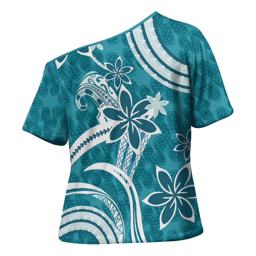 Hawaii Pupuala Plumeria Teal Cross Shoulder Shirt Polynesian Pattern LT01 - Polynesian Pride