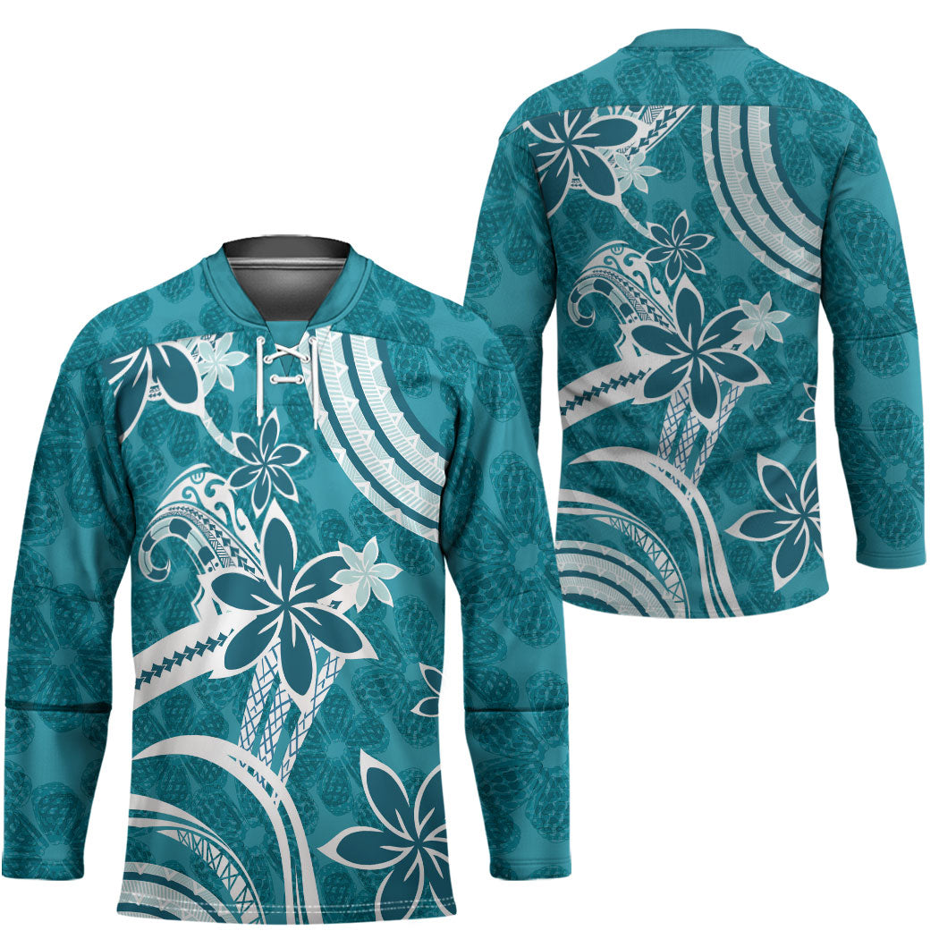Hawaii Pupuala Plumeria Teal Hockey Jersey Polynesian Pattern LT01 - Polynesian Pride