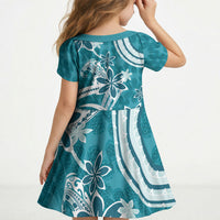 Hawaii Pupuala Plumeria Teal Kid Short Sleeve Dress Polynesian Pattern LT01 - Polynesian Pride