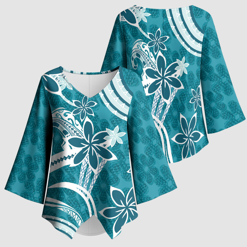 Hawaii Pupuala Plumeria Teal Kimono Sleeve Blouse Polynesian Pattern LT01 - Polynesian Pride