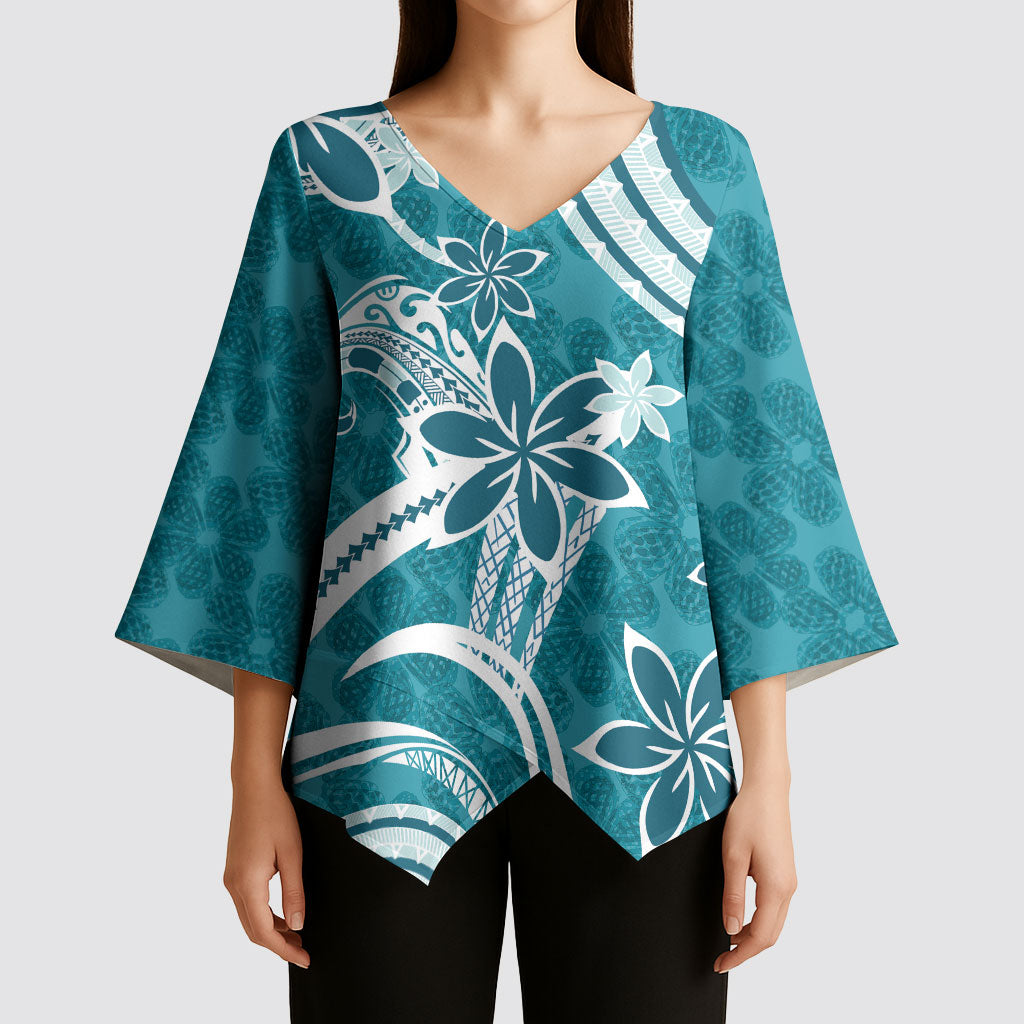 Hawaii Pupuala Plumeria Teal Kimono Sleeve Blouse Polynesian Pattern LT01 - Polynesian Pride