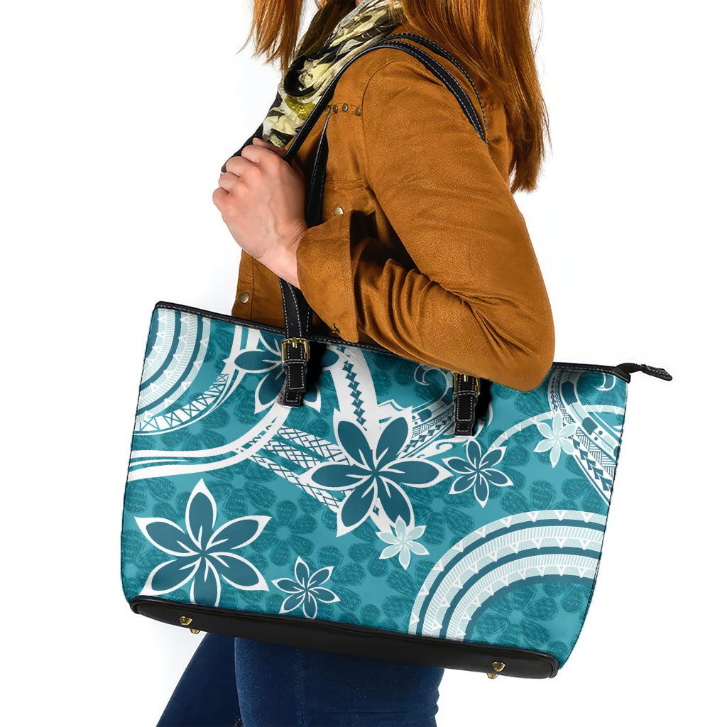 Hawaii Pupuala Plumeria Teal Leather Tote Bag Polynesian Pattern LT01 Teal - Polynesian Pride