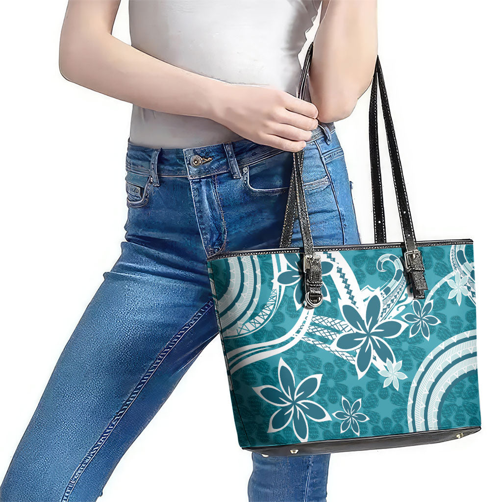 Hawaii Pupuala Plumeria Teal Leather Tote Bag Polynesian Pattern LT01 - Polynesian Pride