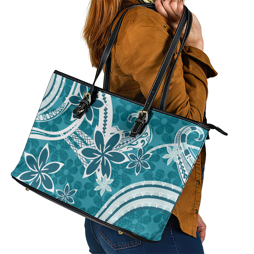 Hawaii Pupuala Plumeria Teal Leather Tote Bag Polynesian Pattern LT01 - Polynesian Pride
