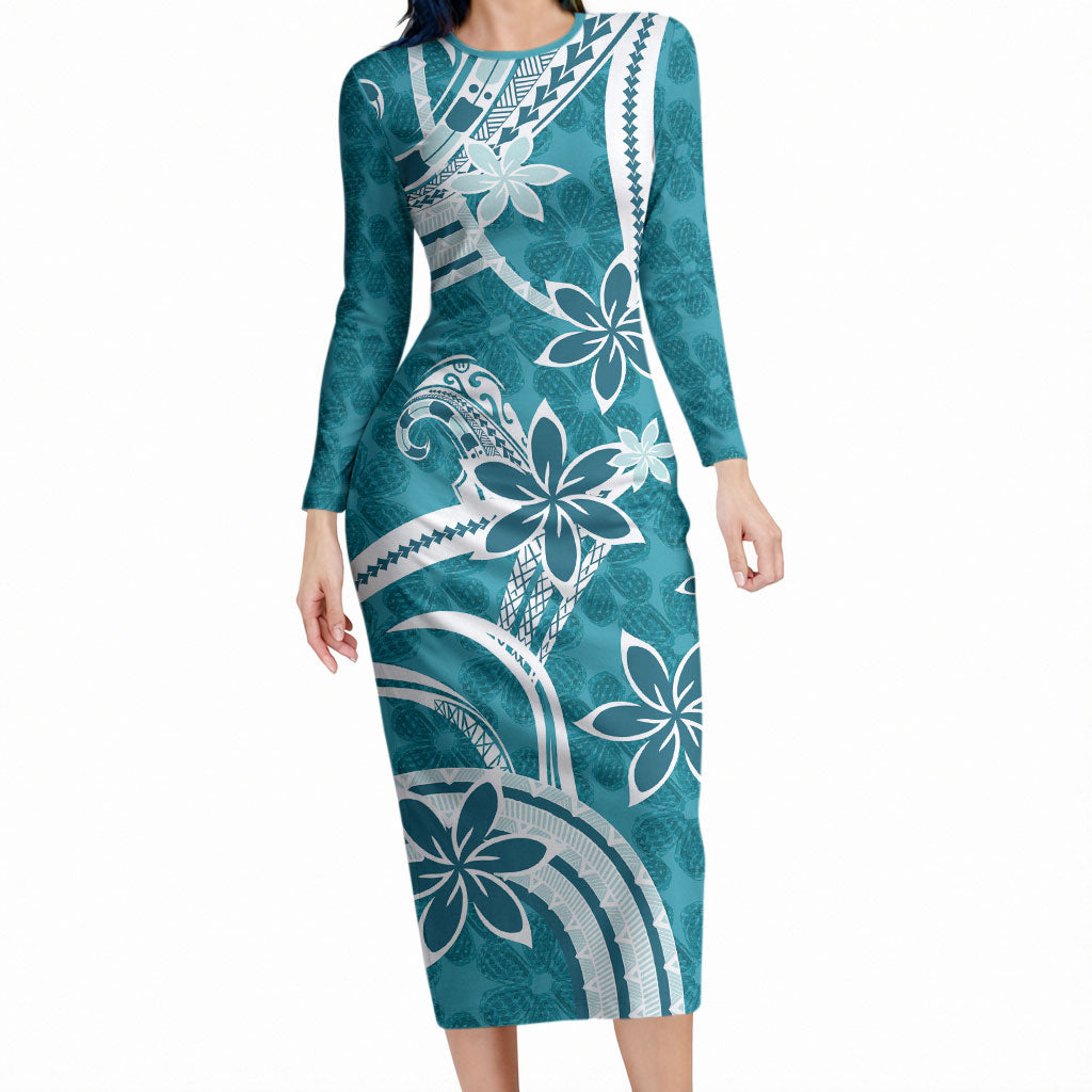 Hawaii Pupuala Plumeria Teal Long Sleeve Bodycon Dress Polynesian Pattern LT01 Long Dress Teal - Polynesian Pride