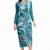 Hawaii Pupuala Plumeria Teal Long Sleeve Bodycon Dress Polynesian Pattern LT01 Long Dress Teal - Polynesian Pride