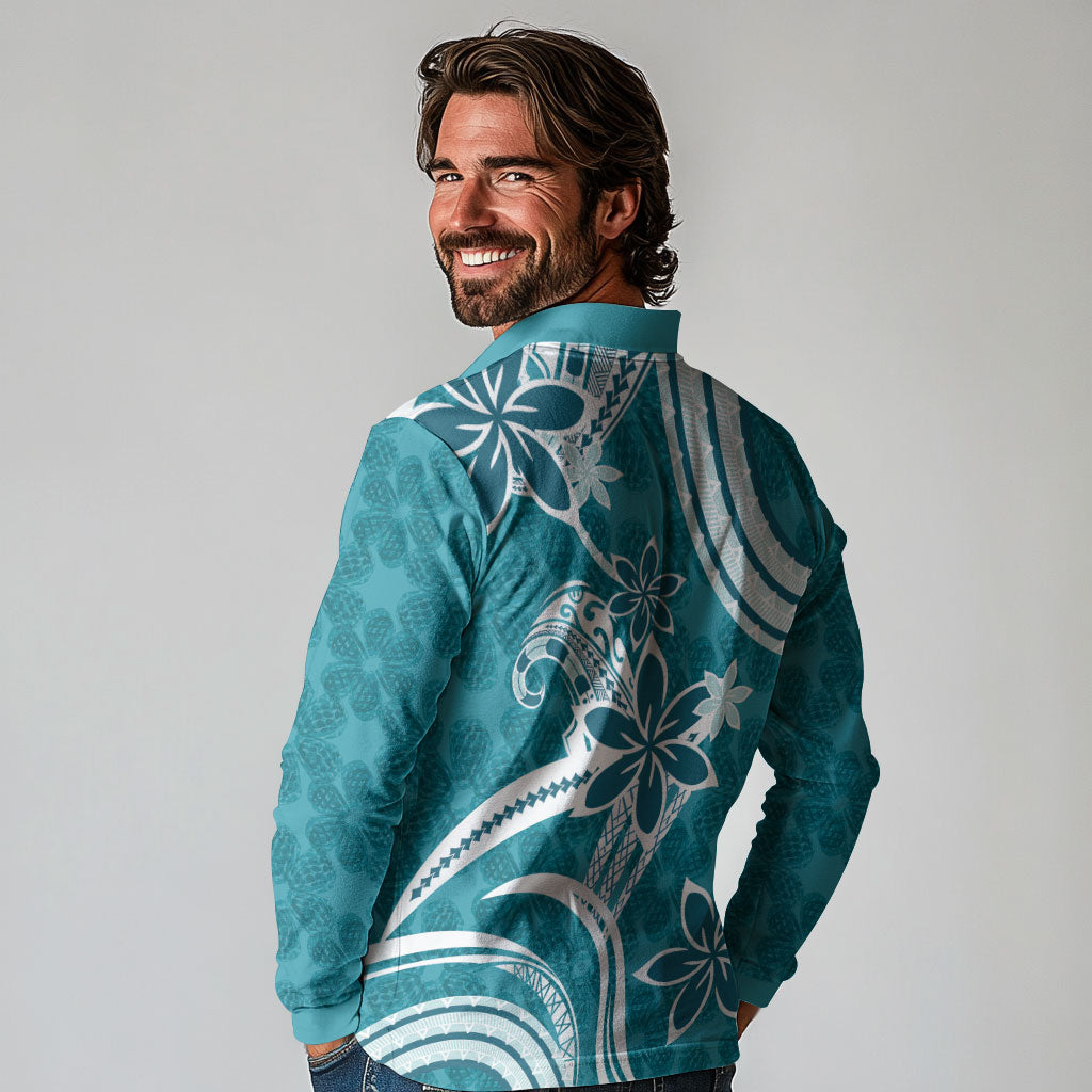 Hawaii Pupuala Plumeria Teal Long Sleeve Polo Shirt Polynesian Pattern LT01 - Polynesian Pride