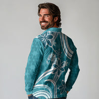 Hawaii Pupuala Plumeria Teal Long Sleeve Polo Shirt Polynesian Pattern LT01 - Polynesian Pride