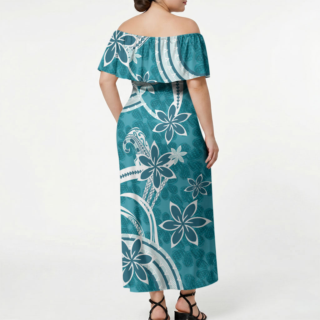 Hawaii Pupuala Plumeria Teal Off Shoulder Maxi Dress Polynesian Pattern LT01 - Polynesian Pride