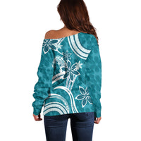 Hawaii Pupuala Plumeria Teal Off Shoulder Sweater Polynesian Pattern LT01 - Polynesian Pride