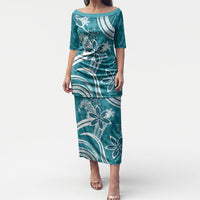 Hawaii Pupuala Plumeria Teal Puletasi Polynesian Pattern LT01 Long Dress Teal - Polynesian Pride