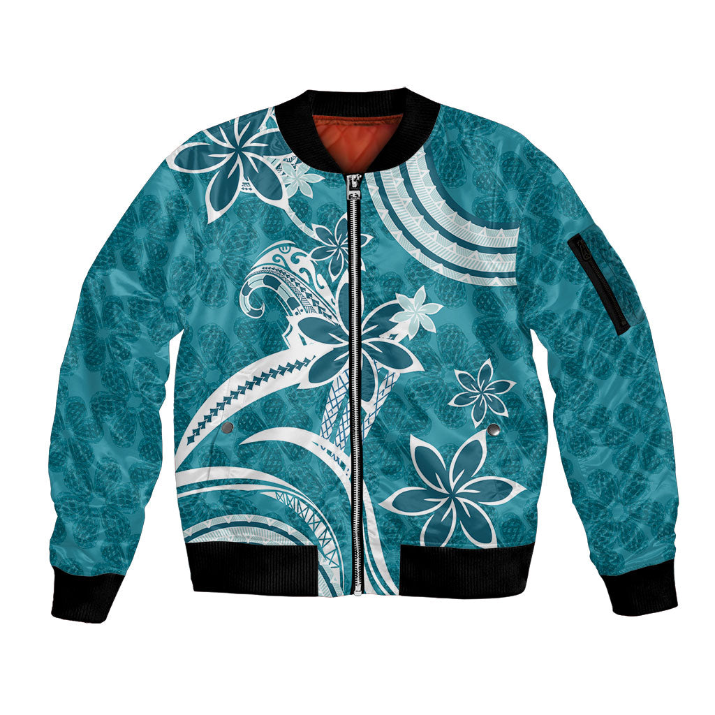 Hawaii Pupuala Plumeria Teal Sleeve Zip Bomber Jacket Polynesian Pattern LT01 Unisex Teal - Polynesian Pride