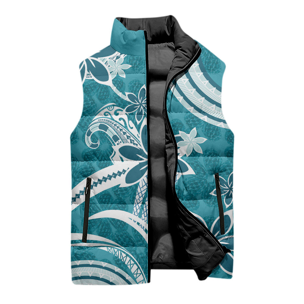 Hawaii Pupuala Plumeria Teal Sleeveless Puffer Jacket Polynesian Pattern LT01 - Polynesian Pride