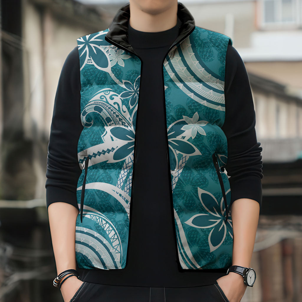 Hawaii Pupuala Plumeria Teal Sleeveless Puffer Jacket Polynesian Pattern LT01 - Polynesian Pride