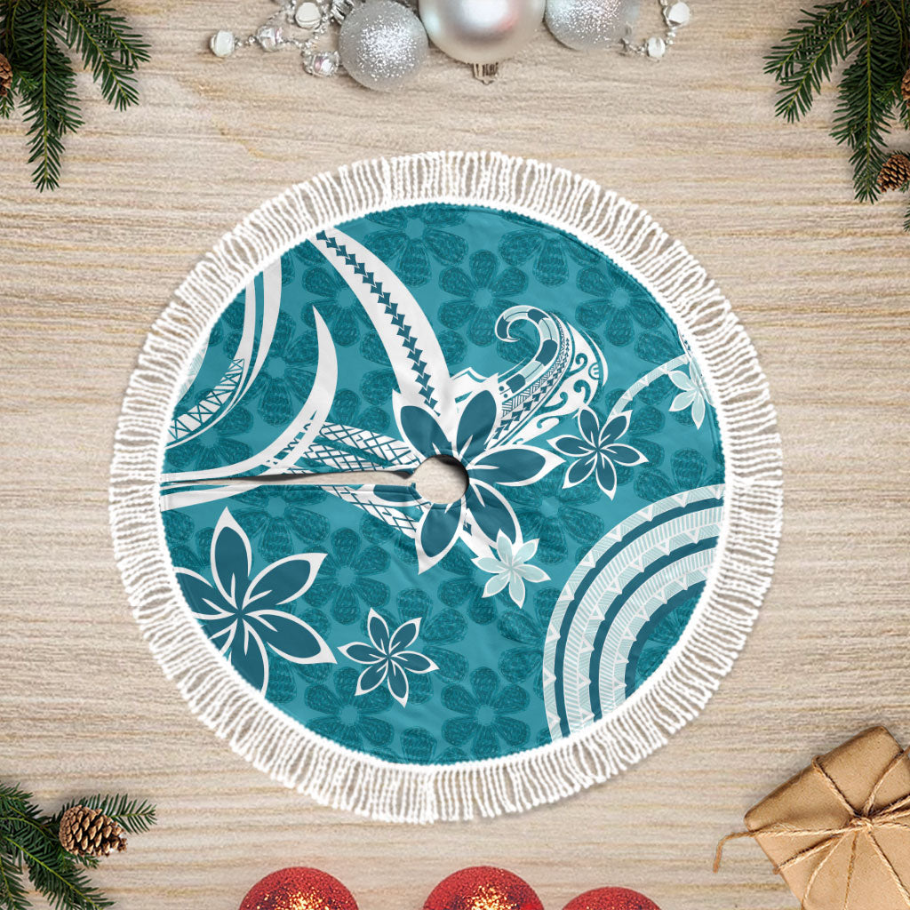 Hawaii Pupuala Plumeria Teal Tree Skirt Polynesian Pattern LT01 Fringed Teal - Polynesian Pride