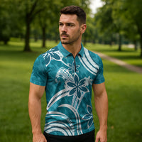 Hawaii Pupuala Plumeria Teal Zipper Polo Shirt Polynesian Pattern LT01 - Polynesian Pride