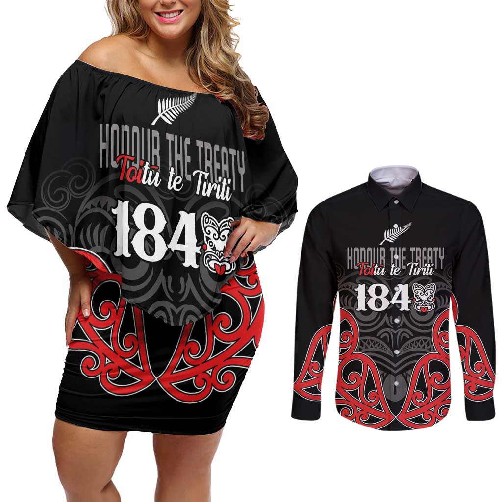 Toitu Te Tiriti 1840 Aotearoa Couples Matching Off Shoulder Short Dress and Long Sleeve Button Shirt Stand Together Stand Stronger