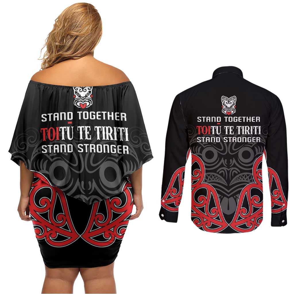 Toitu Te Tiriti 1840 Aotearoa Couples Matching Off Shoulder Short Dress and Long Sleeve Button Shirt Stand Together Stand Stronger