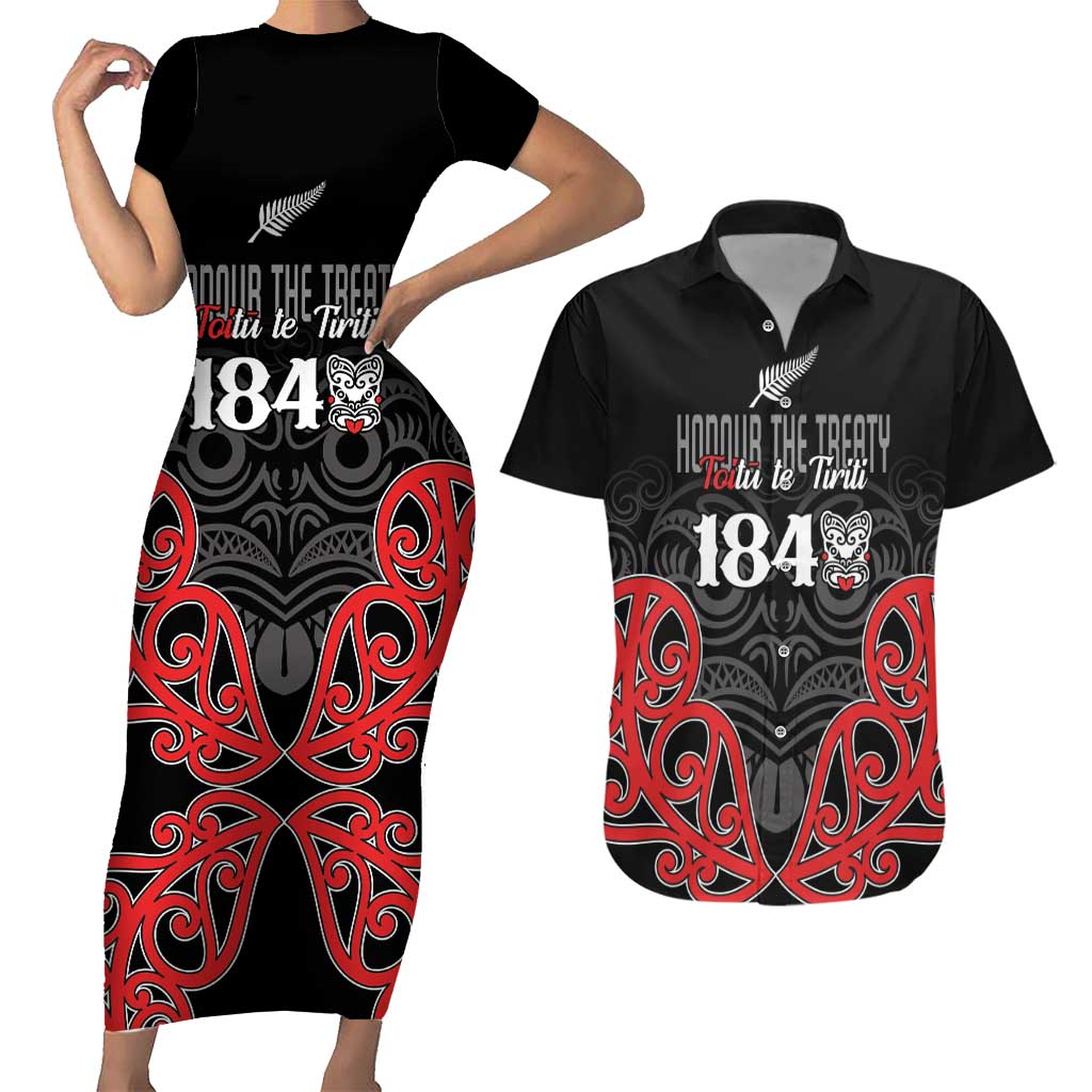 Toitu Te Tiriti 1840 Aotearoa Couples Matching Short Sleeve Bodycon Dress and Hawaiian Shirt Stand Together Stand Stronger LT01 Black - Polynesian Pride