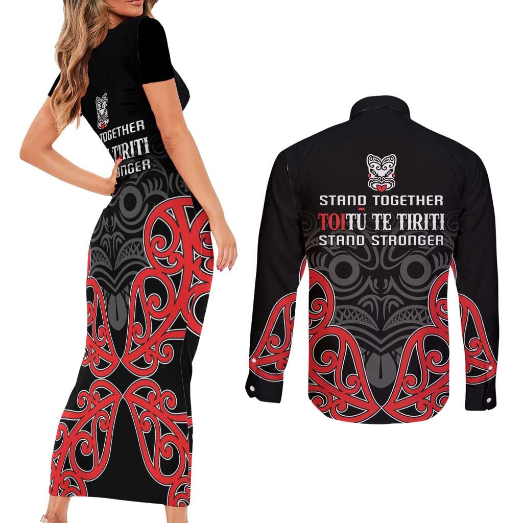 Toitu Te Tiriti 1840 Aotearoa Couples Matching Short Sleeve Bodycon Dress and Long Sleeve Button Shirt Stand Together Stand Stronger
