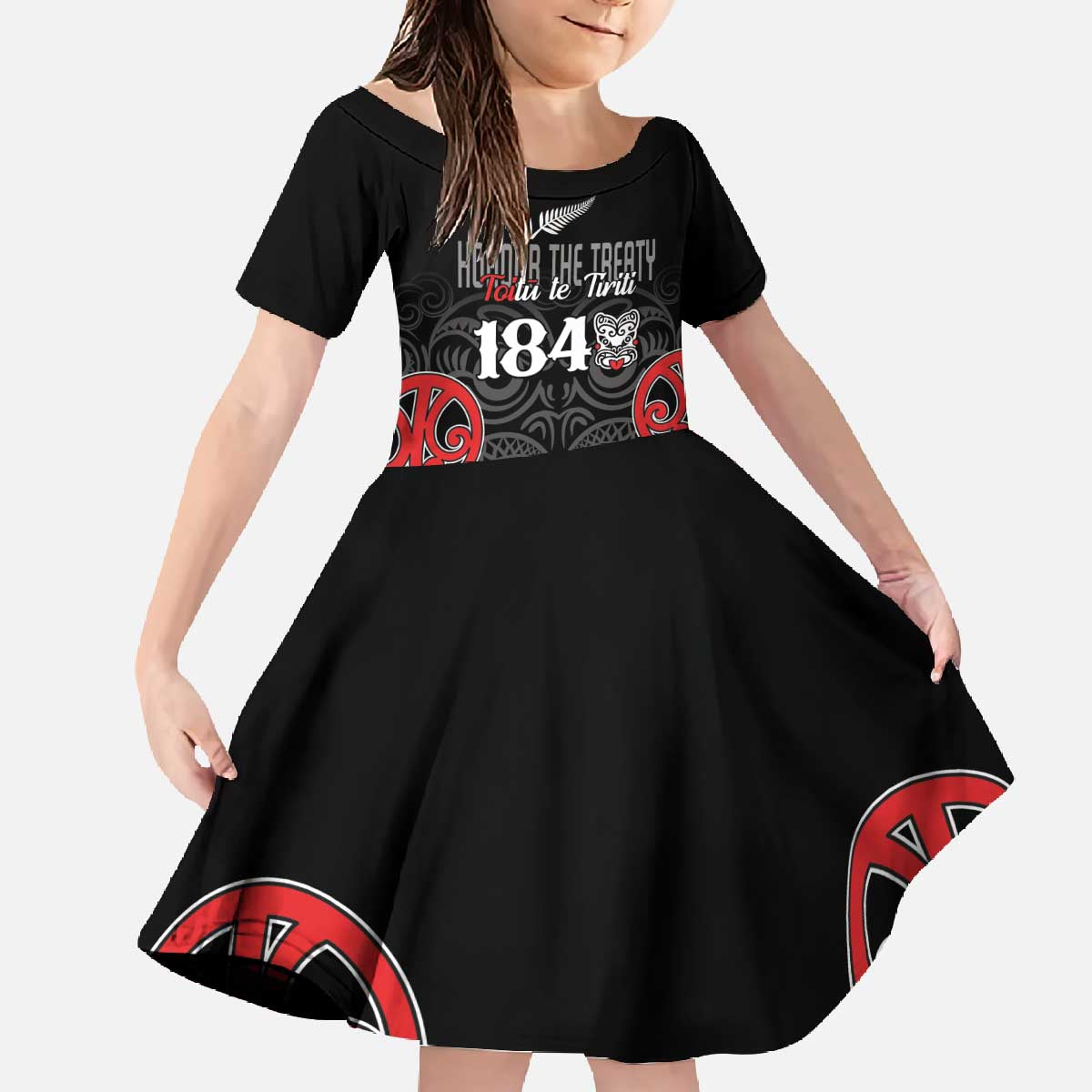 Toitu Te Tiriti 1840 Aotearoa Family Matching Off The Shoulder Long Sleeve Dress and Hawaiian Shirt Stand Together Stand Stronger LT01 Daughter's Dress Black - Polynesian Pride