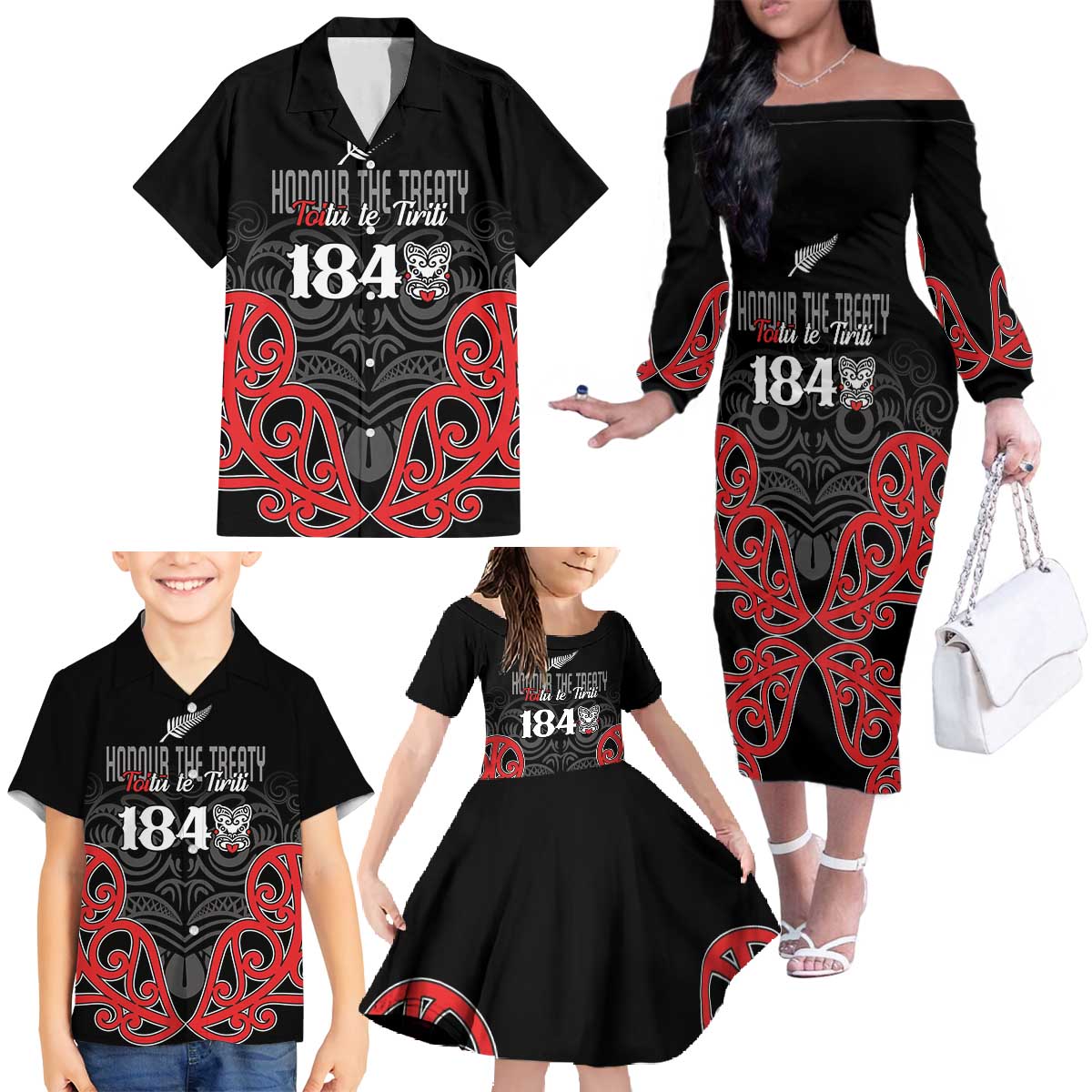 Toitu Te Tiriti 1840 Aotearoa Family Matching Off The Shoulder Long Sleeve Dress and Hawaiian Shirt Stand Together Stand Stronger LT01 - Polynesian Pride