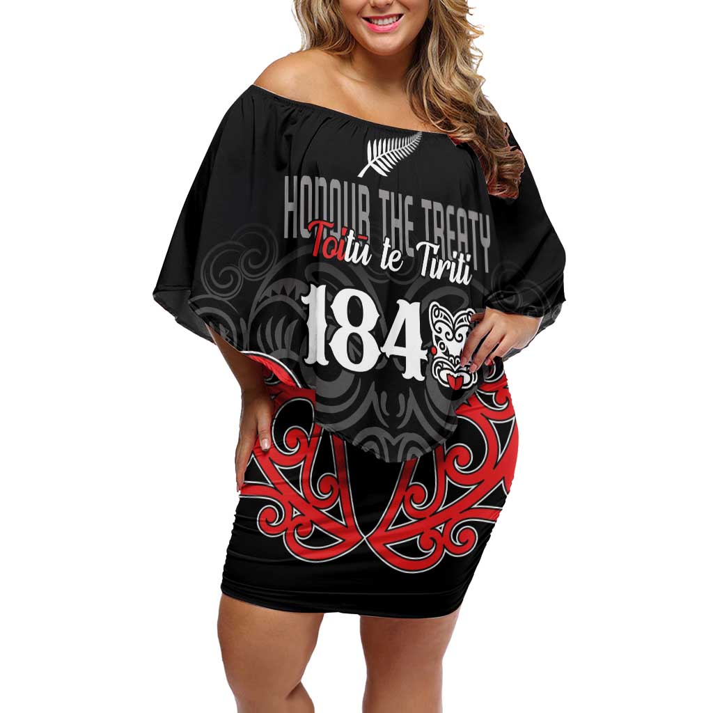 Toitu Te Tiriti 1840 Aotearoa Family Matching Off Shoulder Short Dress and Hawaiian Shirt Stand Together Stand Stronger LT01 Mom's Dress Black - Polynesian Pride