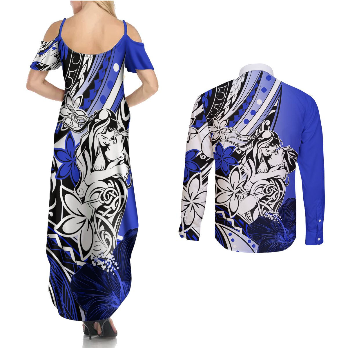 Polynesian Valentine Couples Matching Summer Maxi Dress and Long Sleeve Button Shirt Couple Floral Unique Blue Version LT01 - Polynesian Pride