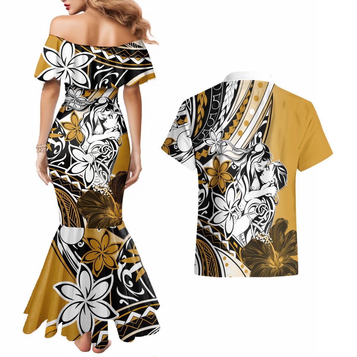 Polynesian Valentine Couples Matching Mermaid Dress and Hawaiian Shirt Couple Floral Unique Gold Version LT01 - Polynesian Pride