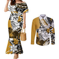 Polynesian Valentine Couples Matching Mermaid Dress and Long Sleeve Button Shirt Couple Floral Unique Gold Version LT01 Gold - Polynesian Pride
