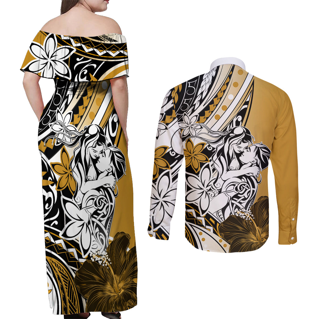 Polynesian Valentine Couples Matching Off Shoulder Maxi Dress and Long Sleeve Button Shirt Couple Floral Unique Gold Version LT01 - Polynesian Pride