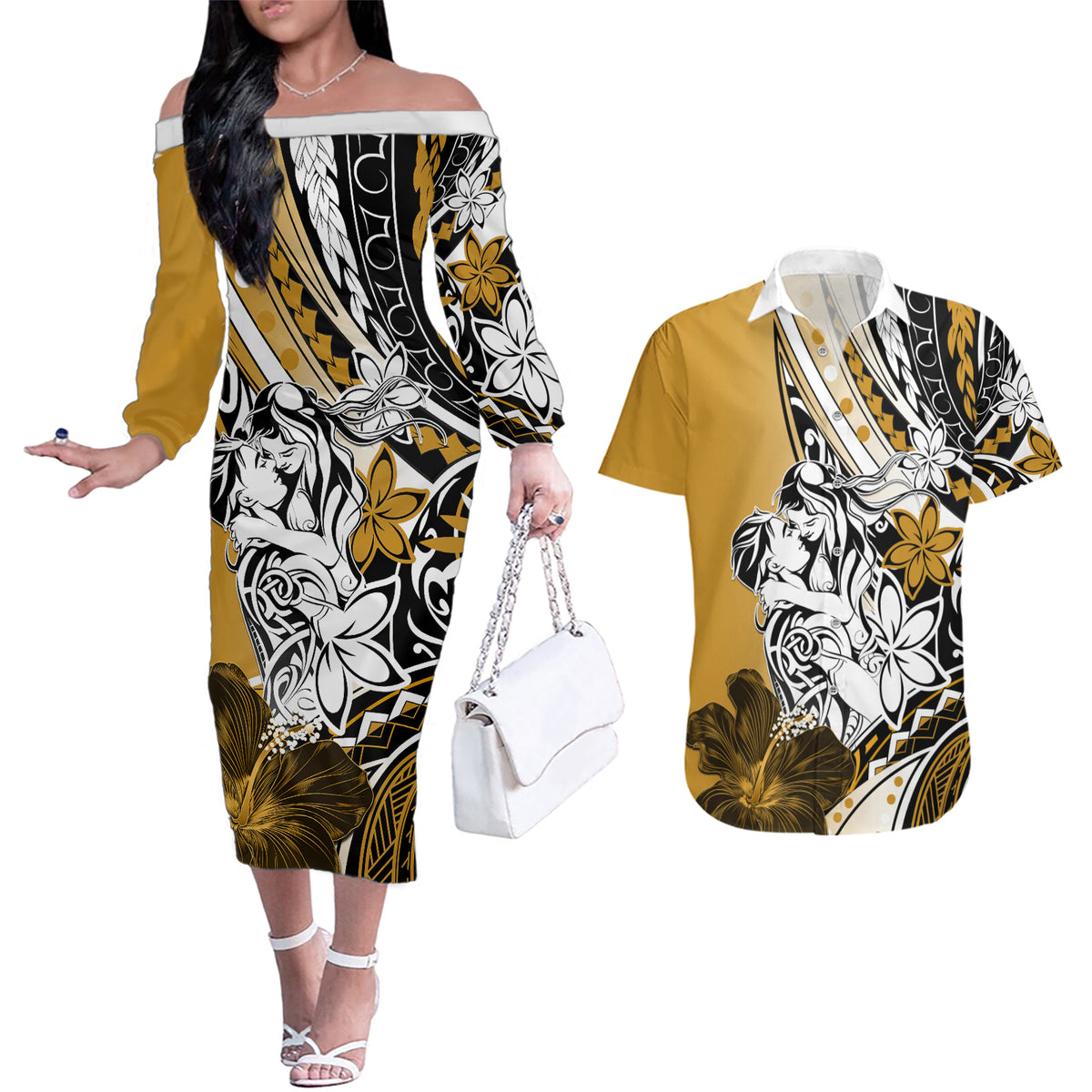 Polynesian Valentine Couples Matching Off The Shoulder Long Sleeve Dress and Hawaiian Shirt Couple Floral Unique Gold Version LT01 Gold - Polynesian Pride