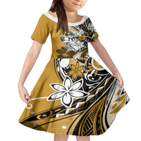 Polynesian Valentine Family Matching Off Shoulder Long Sleeve Dress and Hawaiian Shirt Couple Floral Unique Gold Version LT01 Daughter's Dress Gold - Polynesian Pride