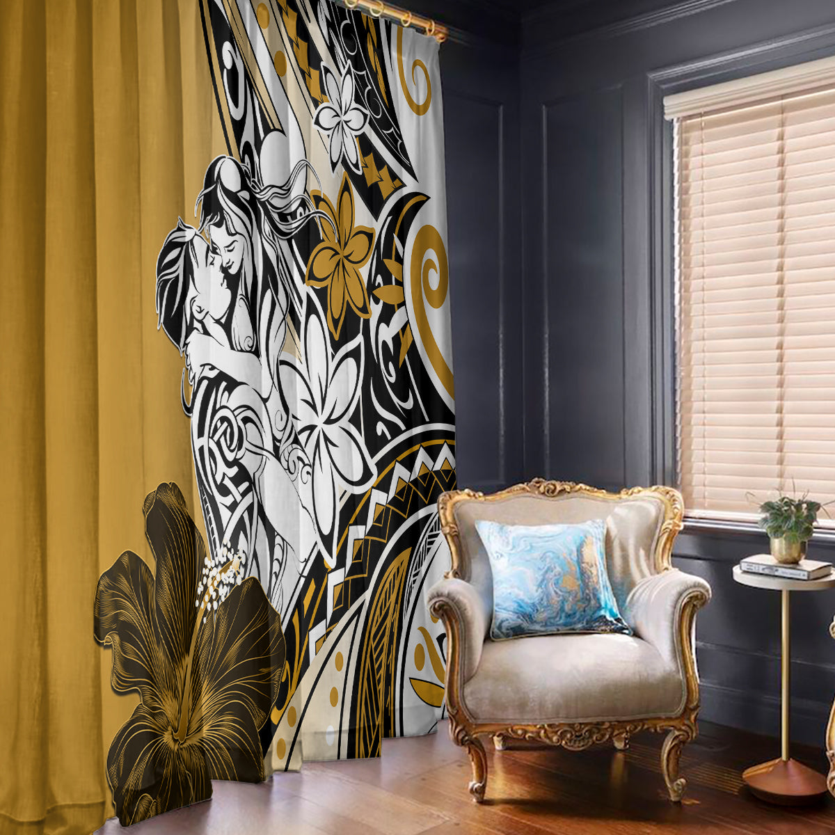 Polynesian Valentine Window Curtain Couple Floral Unique Gold Version LT01 - Polynesian Pride