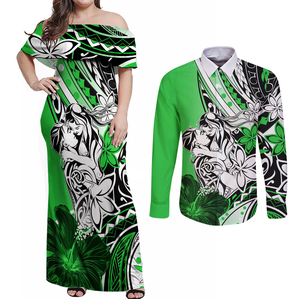 Polynesian Valentine Couples Matching Off Shoulder Maxi Dress and Long Sleeve Button Shirt Couple Floral Unique Green Version LT01 Green - Polynesian Pride