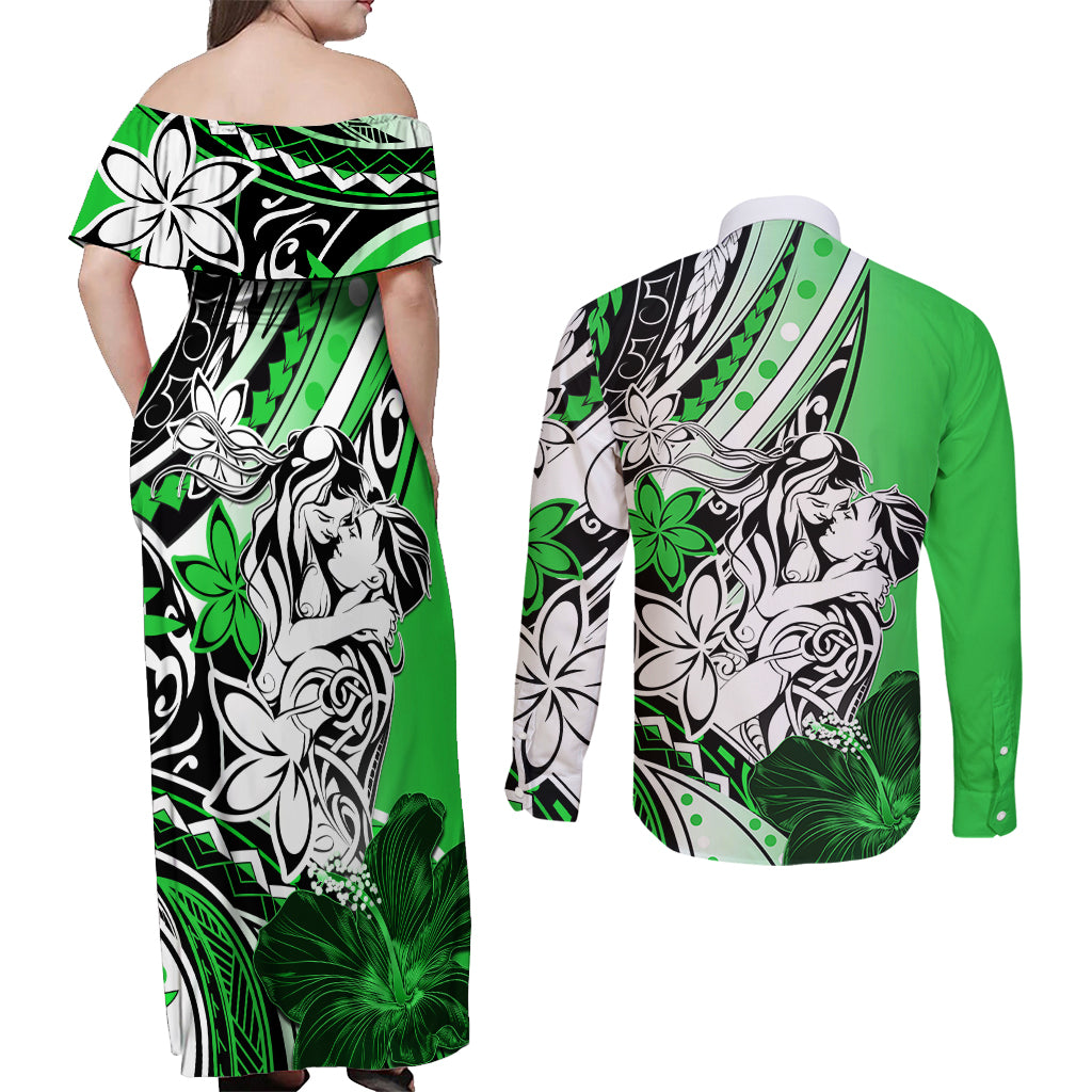 Polynesian Valentine Couples Matching Off Shoulder Maxi Dress and Long Sleeve Button Shirt Couple Floral Unique Green Version LT01 - Polynesian Pride