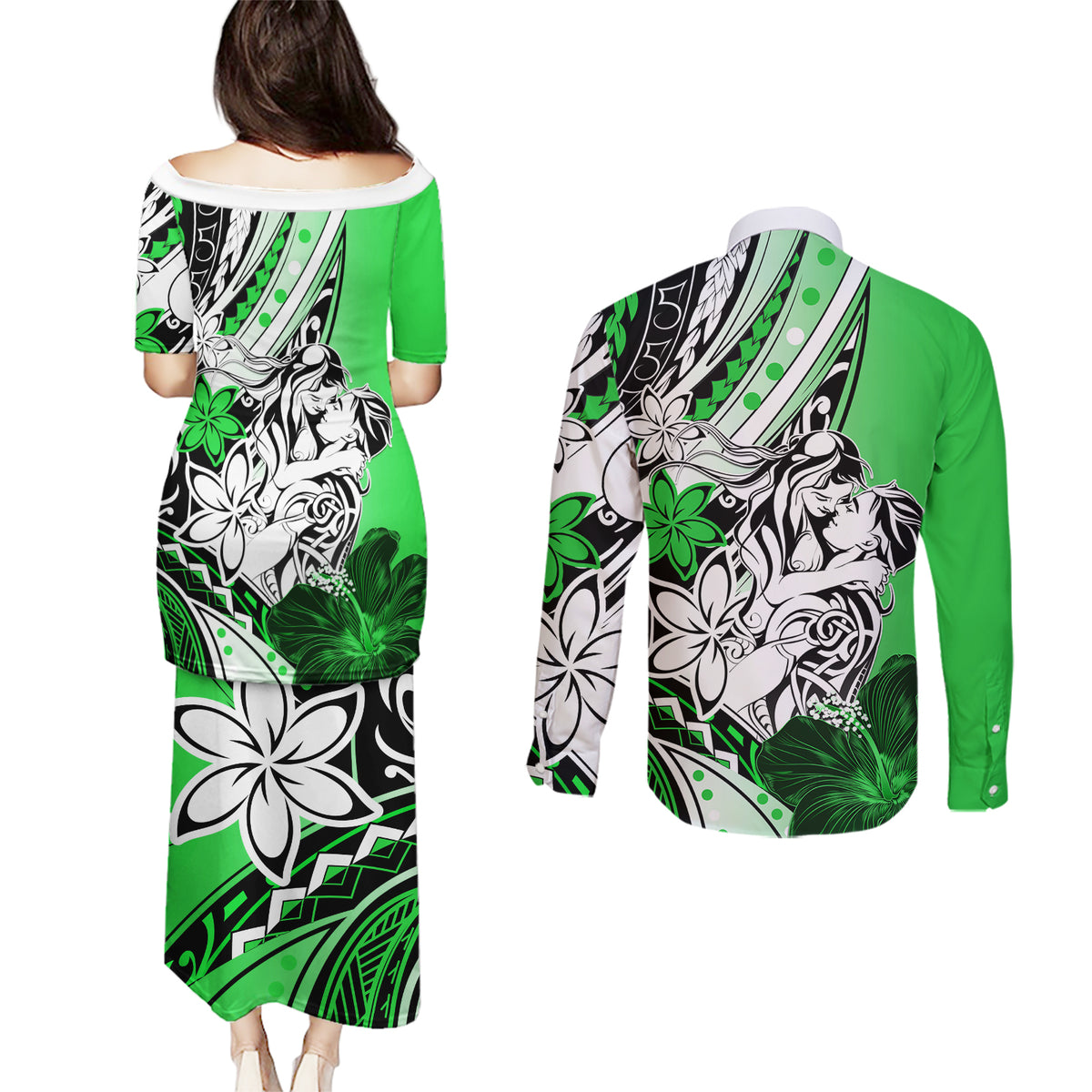 Polynesian Valentine Couples Matching Puletasi and Long Sleeve Button Shirt Couple Floral Unique Green Version LT01 - Polynesian Pride