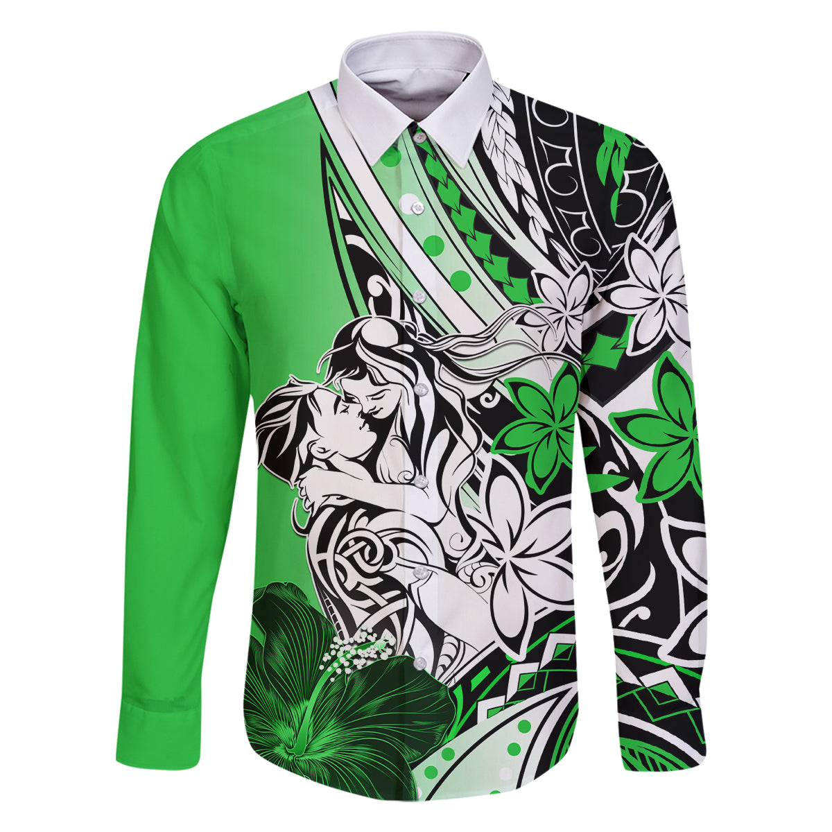 Polynesian Valentine Family Matching Tank Maxi Dress and Hawaiian Shirt Couple Floral Unique Green Version LT01 Dad's Shirt - Long Sleeve Green - Polynesian Pride