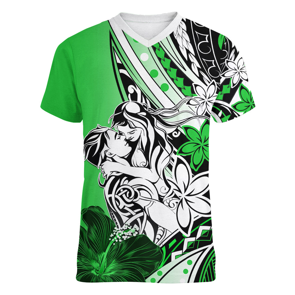 Polynesian Valentine Women V Neck T Shirt Couple Floral Unique Green Version LT01 Female Green - Polynesian Pride