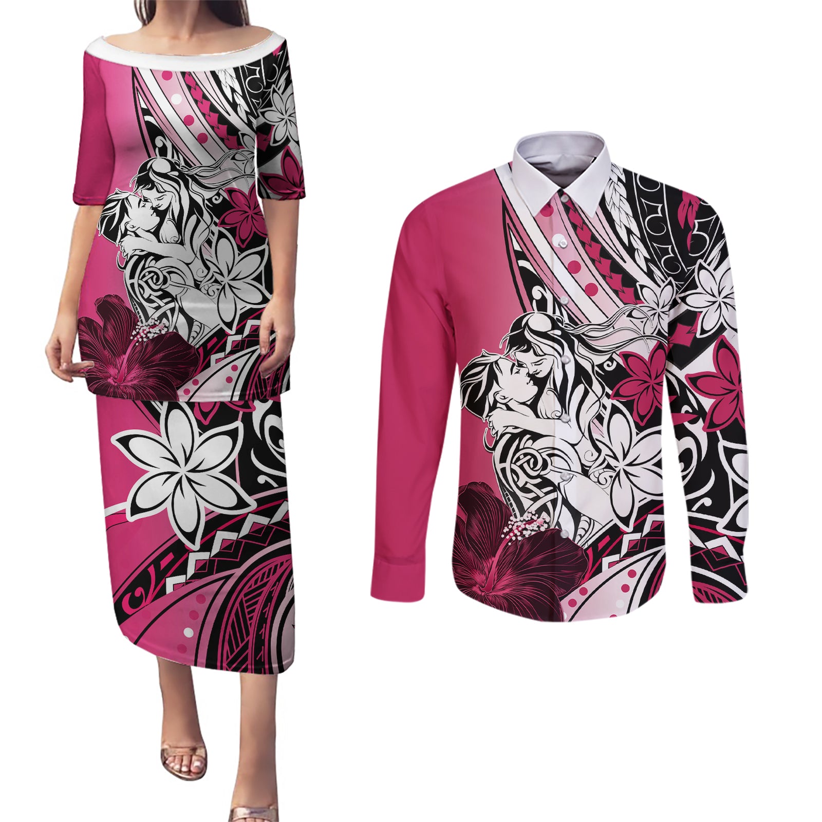Polynesian Valentine Couples Matching Puletasi and Long Sleeve Button Shirt Couple Floral Unique Pink Version LT01 Pink - Polynesian Pride