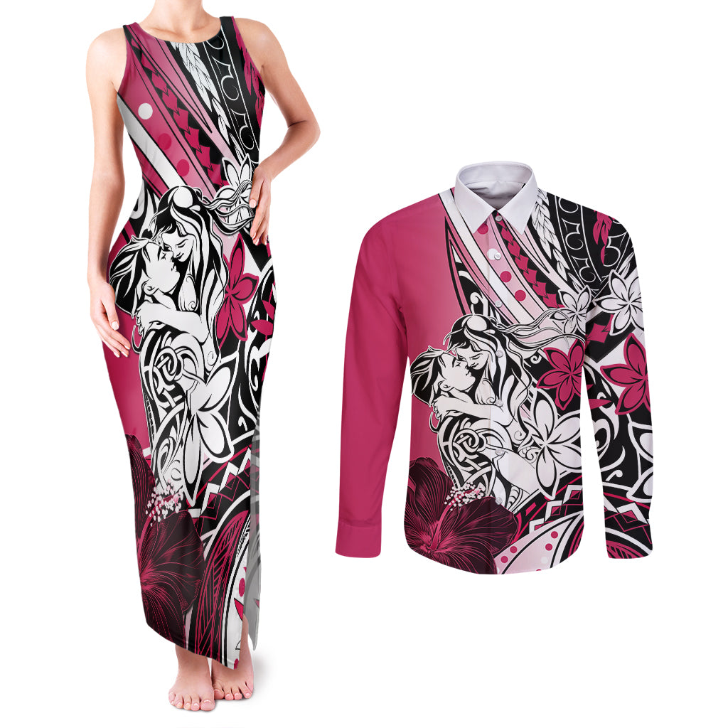 Polynesian Valentine Couples Matching Tank Maxi Dress and Long Sleeve Button Shirt Couple Floral Unique Pink Version LT01 Pink - Polynesian Pride