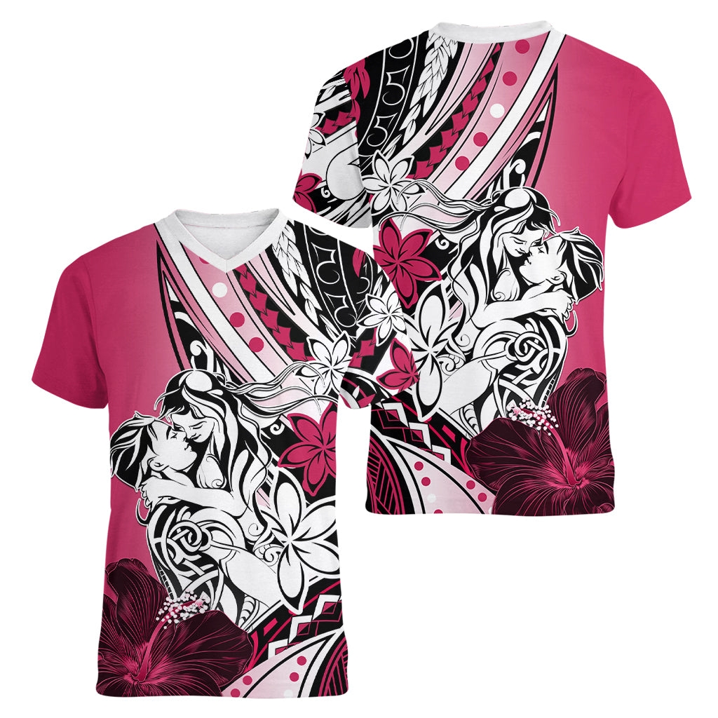 Polynesian Valentine Women V Neck T Shirt Couple Floral Unique Pink Version LT01 - Polynesian Pride