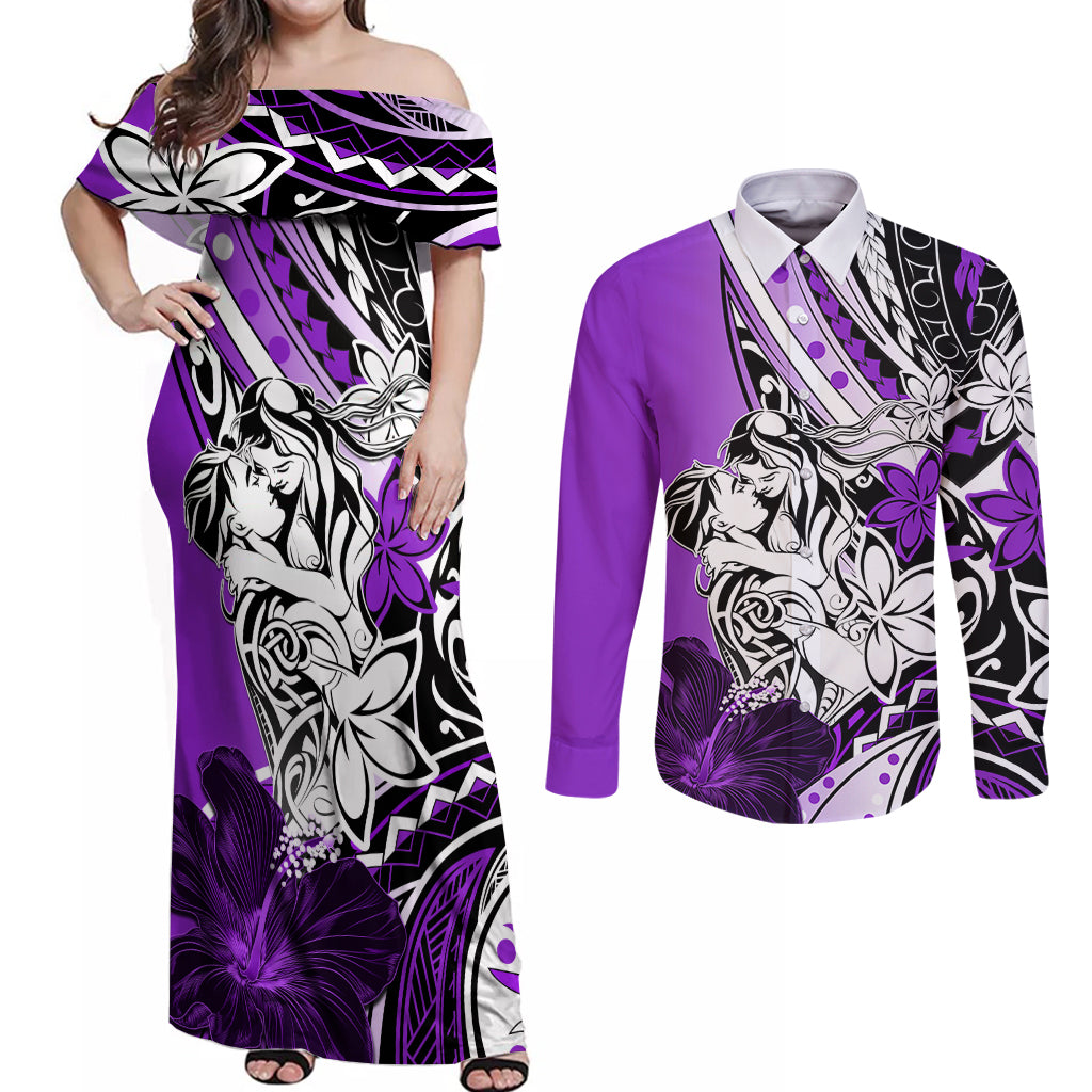 Polynesian Valentine Couples Matching Off Shoulder Maxi Dress and Long Sleeve Button Shirt Couple Floral Unique Purple Version LT01 Purple - Polynesian Pride