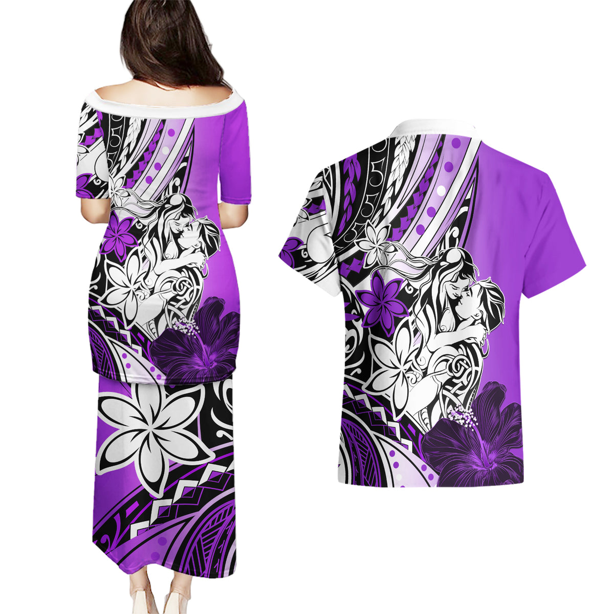 Polynesian Valentine Couples Matching Puletasi and Hawaiian Shirt Couple Floral Unique Purple Version LT01 - Polynesian Pride